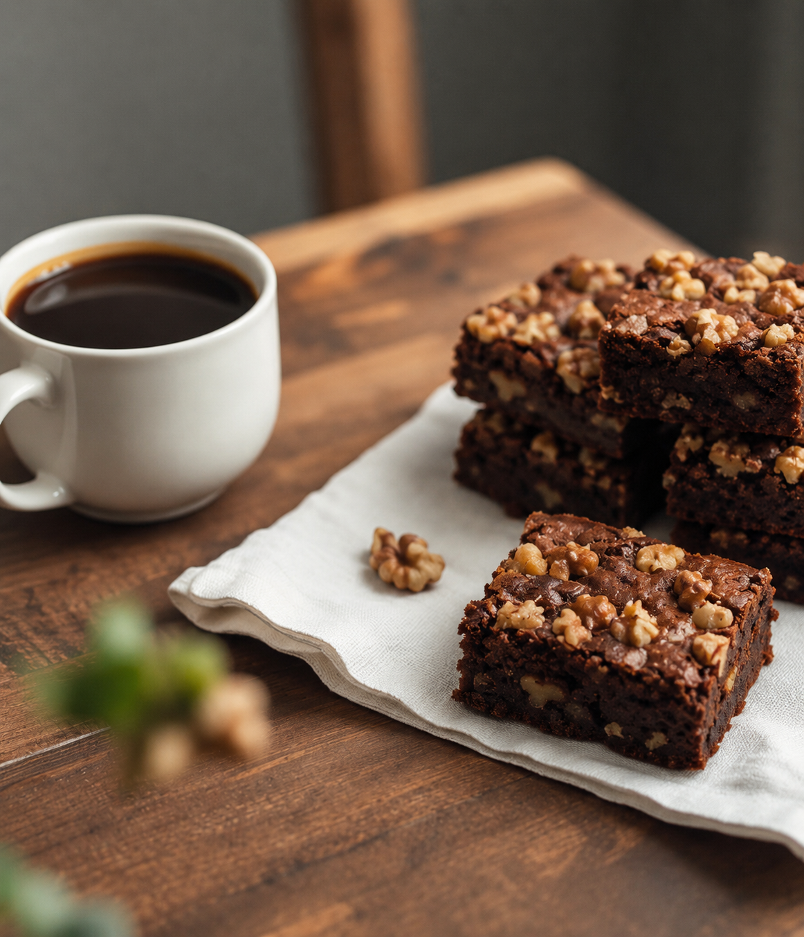Walnut-topped chocolate brownies arranged on a ceramic plate beside a steaming cup of coffee in a softly lit kitchen setting, with additional brownies cooling in the background near a bright window.
