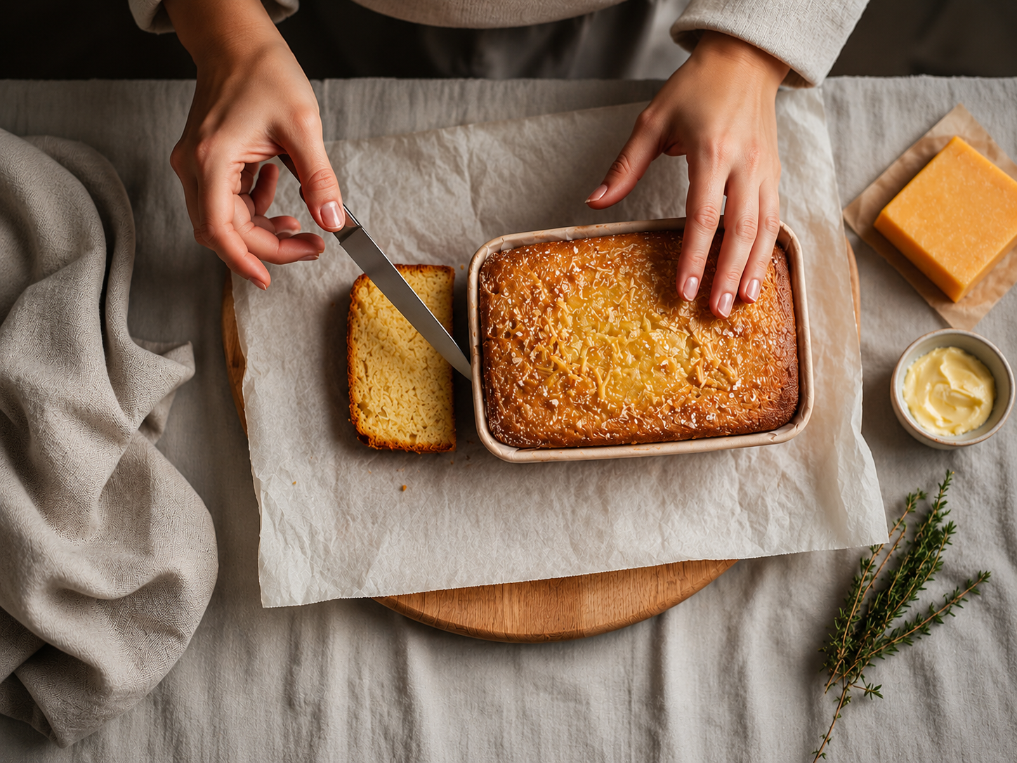Top-down view of a golden-brown cheese loaf cake being sliced on parchment paper atop a wooden board, with hands holding a knife and the loaf steady. The rustic scene includes a block of cheese, a small bowl of butter, soft linen fabric, and herbs arranged around the warmly lit setup.